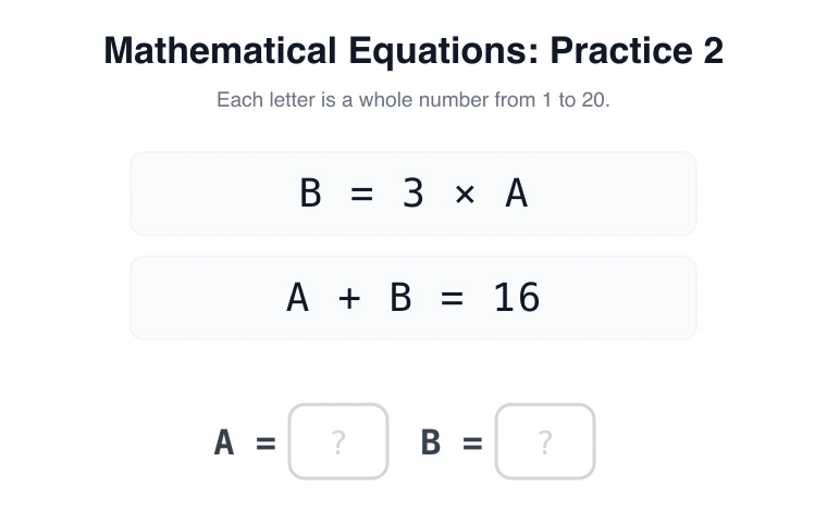 Equations practice 2: B = 3 × A, A + B = 16