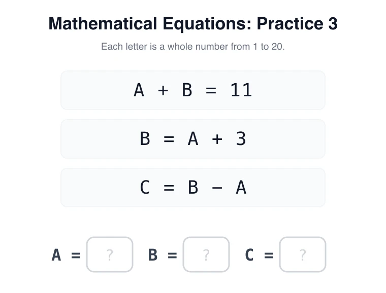 Equations practice 3: A + B = 11, B = A + 3, C = B - A