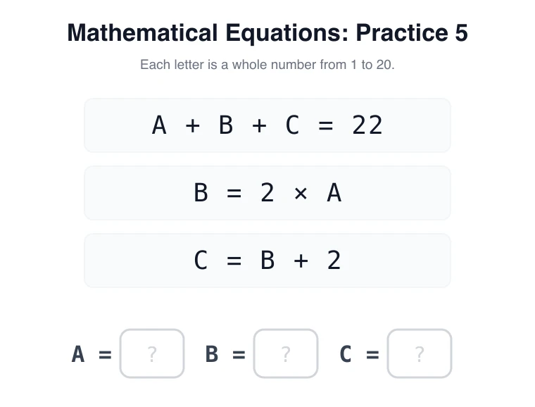 Equations practice 5: A + B + C = 22, B = 2 × A, C = B + 2