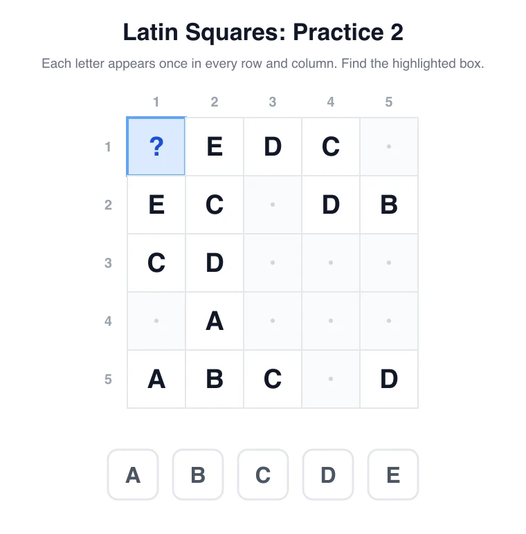 Latin square practice 2: find the letter for row 1, column 1