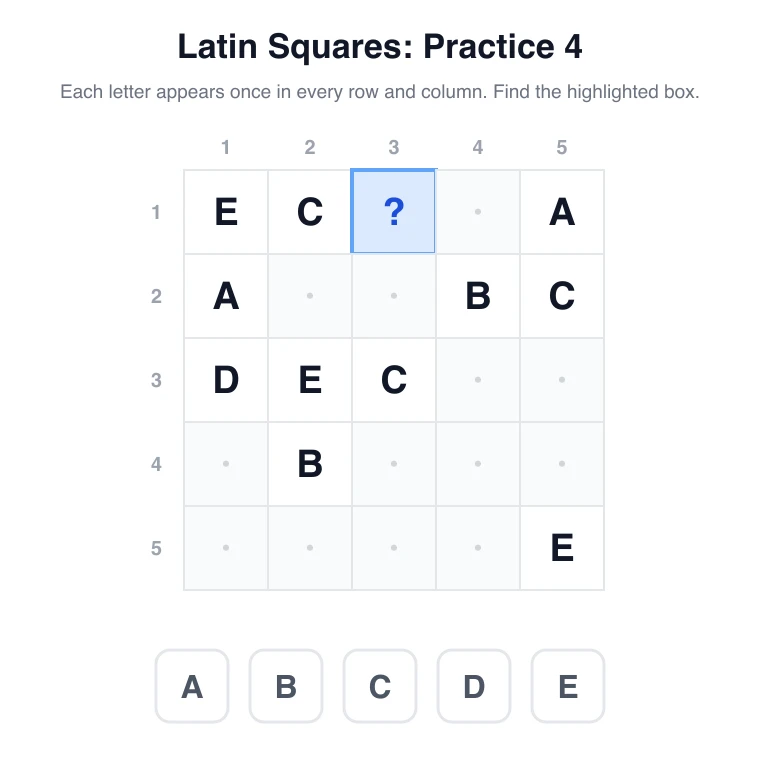 Latin square practice 4: find the letter for row 1, column 3