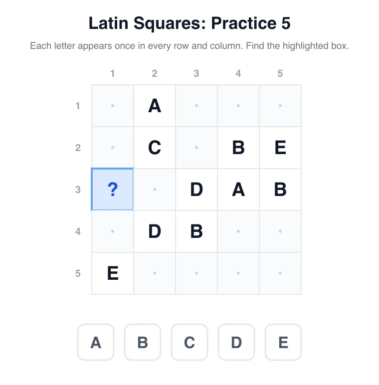 Latin square practice 5: find the letter for row 3, column 1