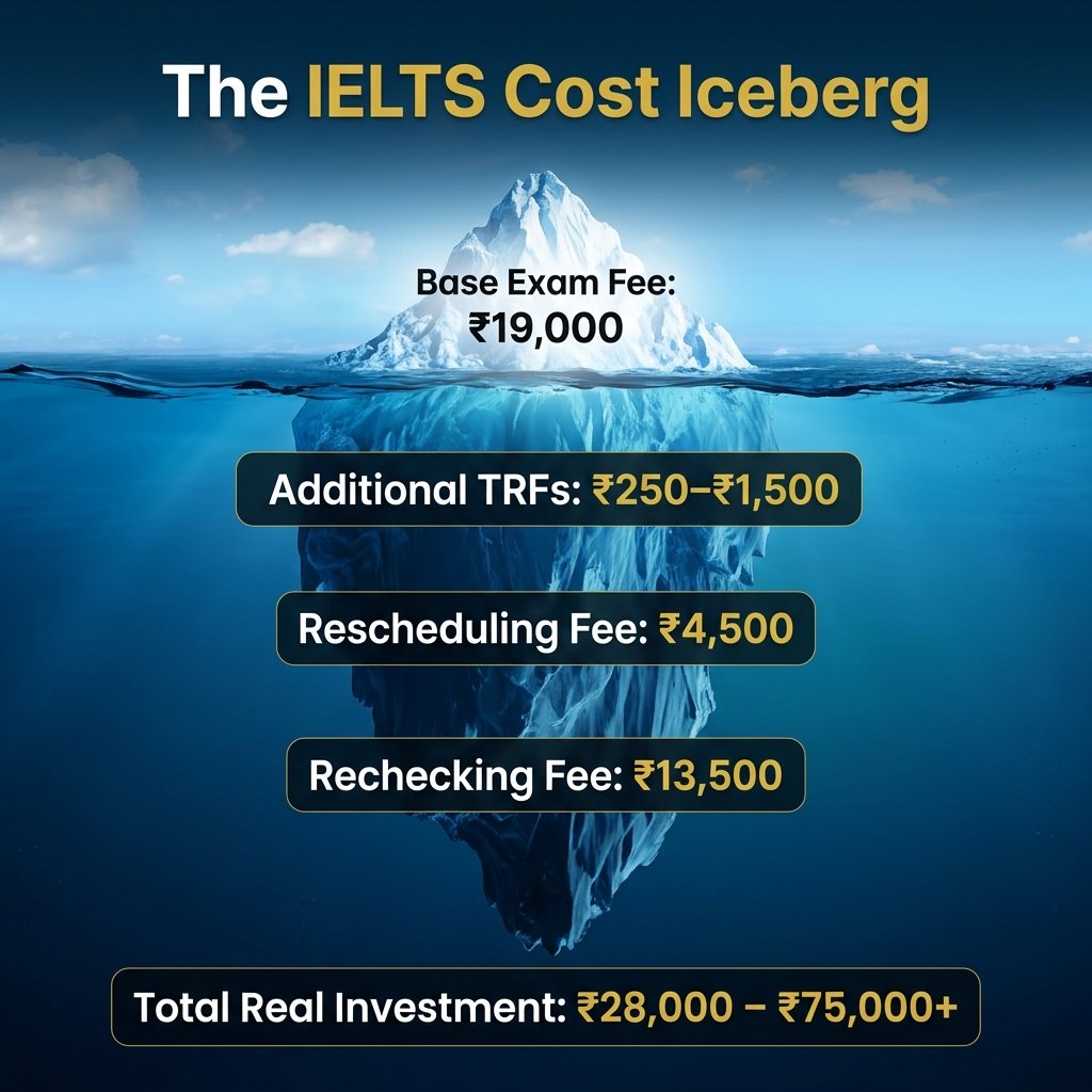 The IELTS Cost Iceberg Infographic showing Hidden Administrative and Rechecking Fees
